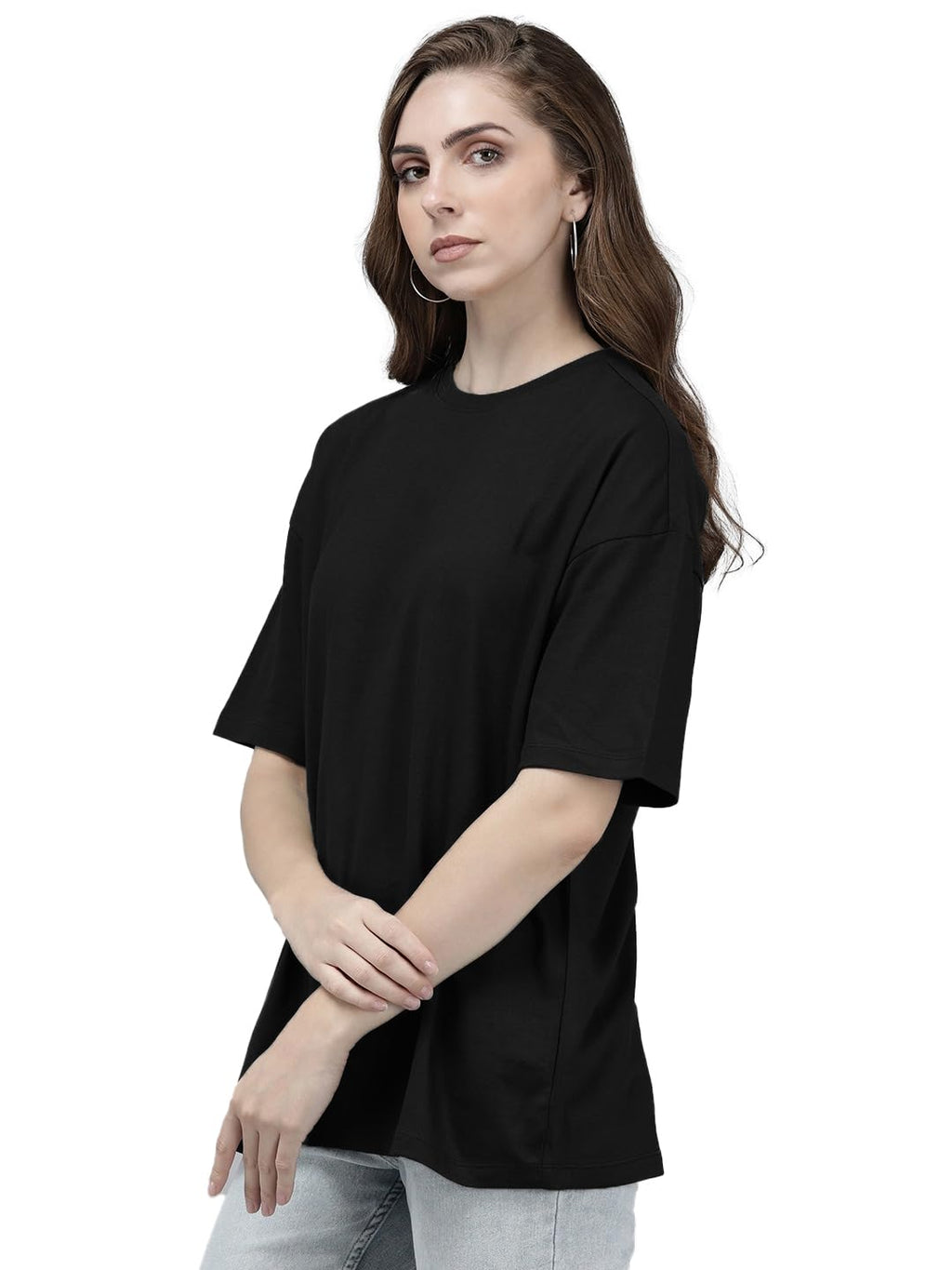 LEOTUDE Women's cotton Oversized Fit Oversized Half Sleeve Tshirt, Round Neck Longline Drop Shoulder Solid T-Shirt