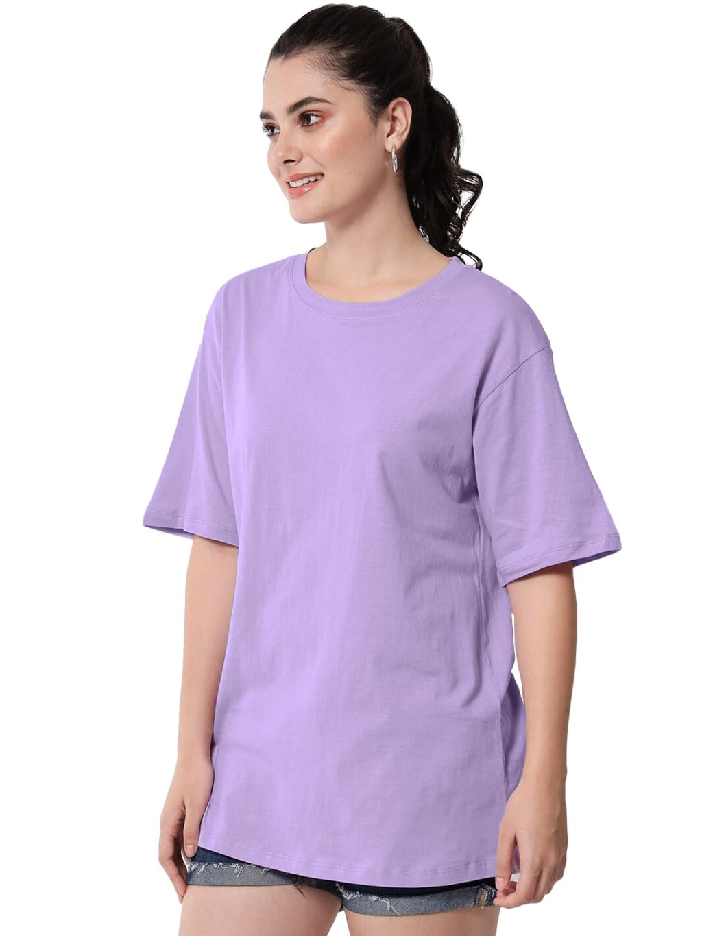 LEOTUDE Women's cotton Oversized Fit Oversized Half Sleeve Tshirt, Round Neck Longline Drop Shoulder Solid T-Shirt