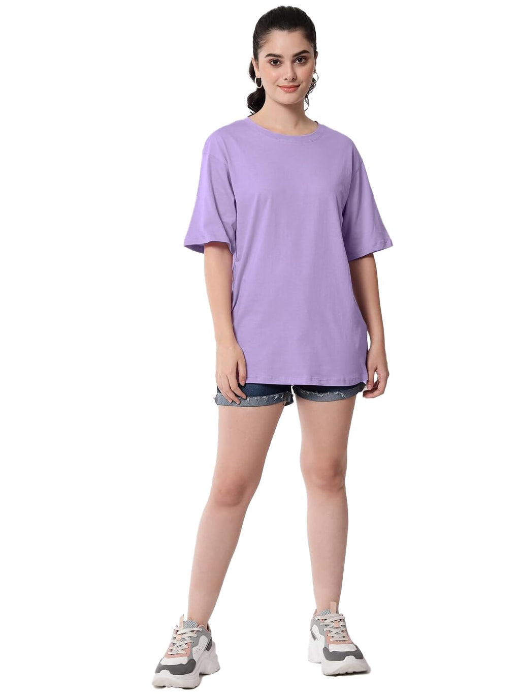 LEOTUDE Women's cotton Oversized Fit Oversized Half Sleeve Tshirt, Round Neck Longline Drop Shoulder Solid T-Shirt