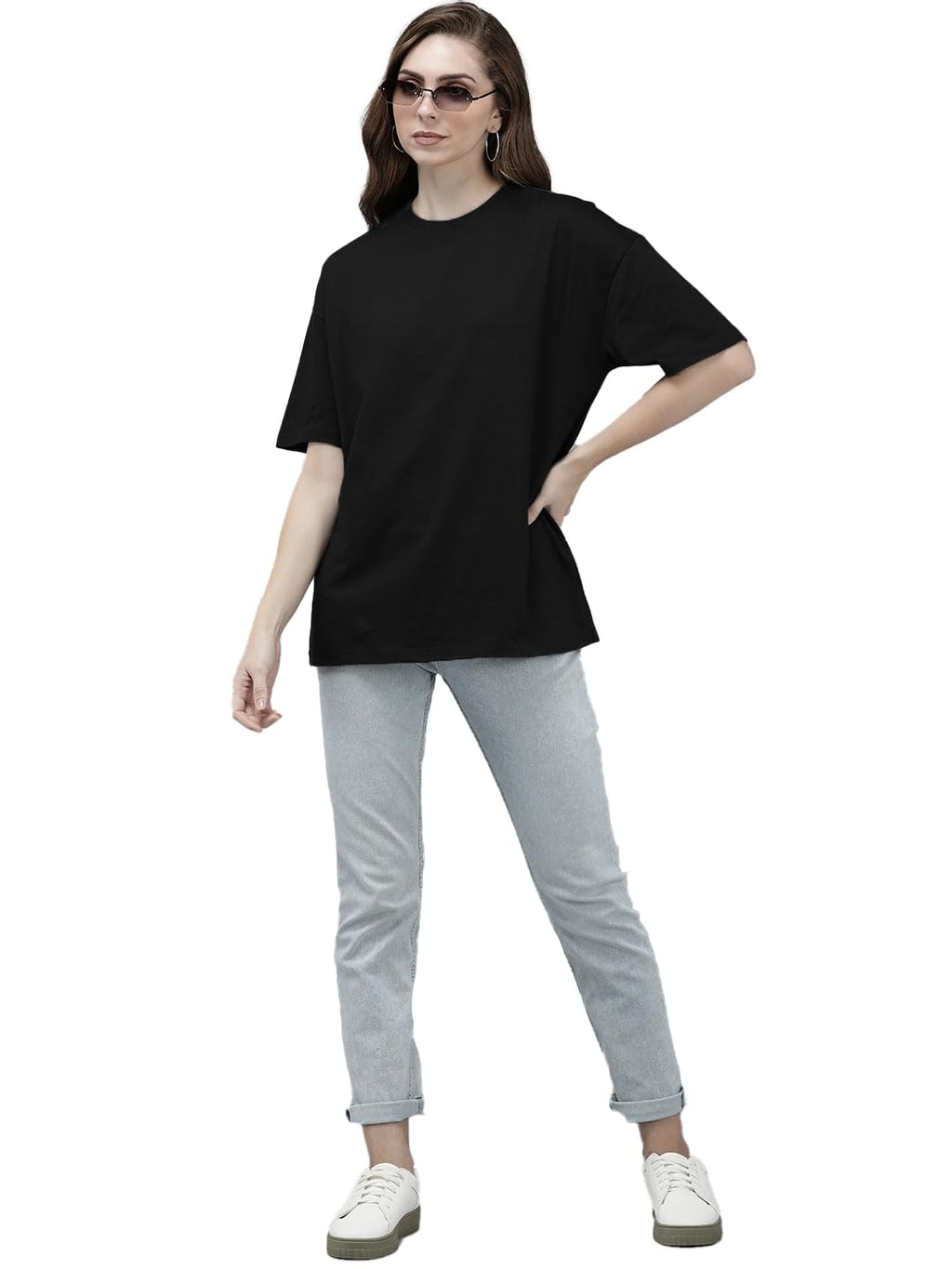 LEOTUDE Women's cotton Oversized Fit Oversized Half Sleeve Tshirt, Round Neck Longline Drop Shoulder Solid T-Shirt