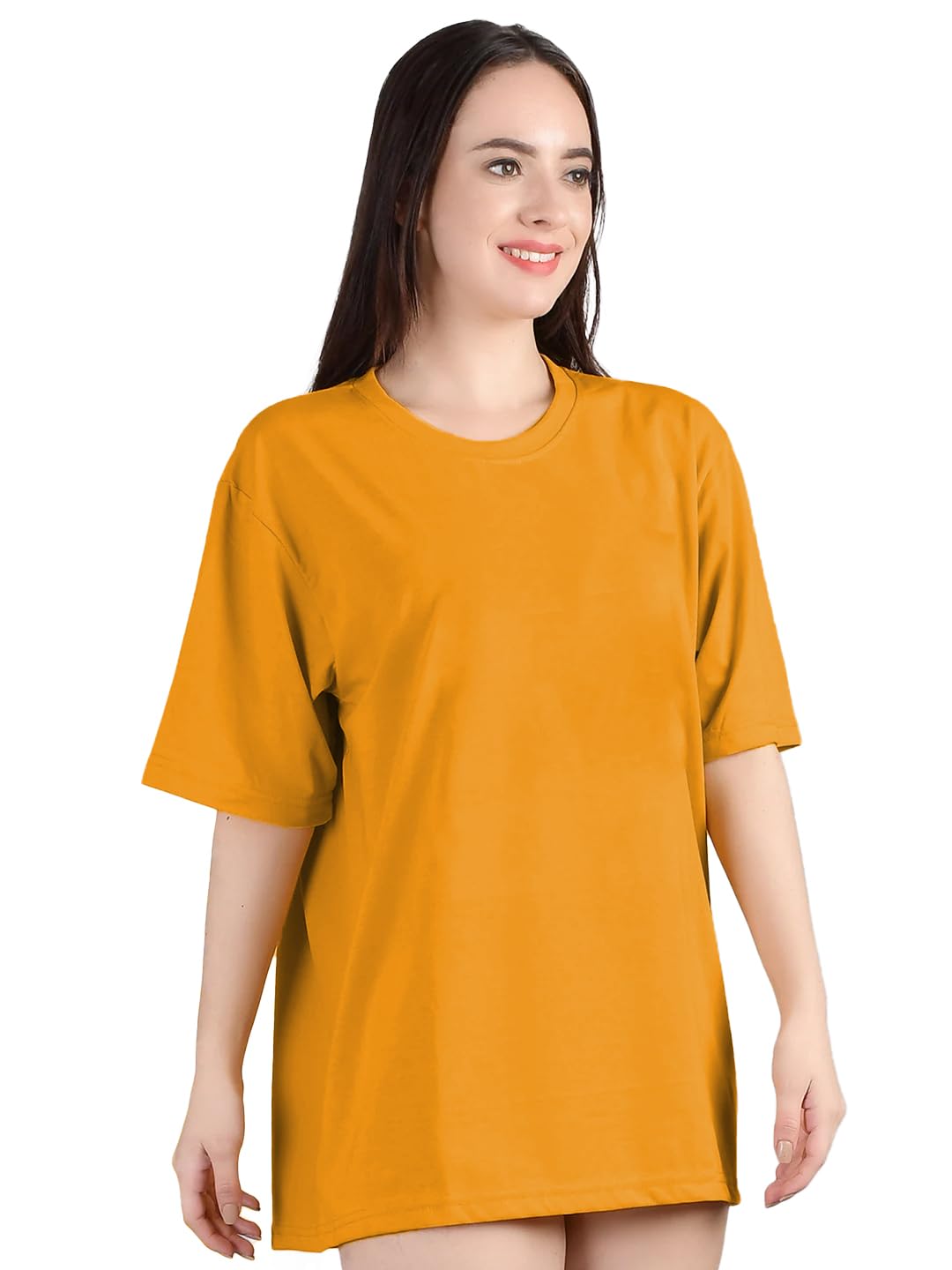 LEOTUDE Women's cotton Oversized Fit Oversized Half Sleeve Tshirt, Round Neck Longline Drop Shoulder Solid T-Shirt