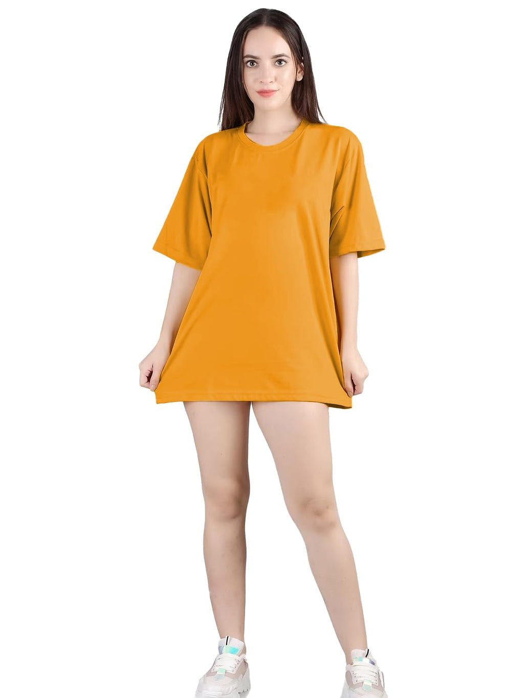 LEOTUDE Women's cotton Oversized Fit Oversized Half Sleeve Tshirt, Round Neck Longline Drop Shoulder Solid T-Shirt