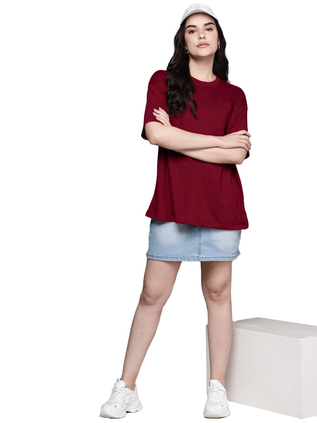 LEOTUDE Women's cotton Oversized Fit Oversized Half Sleeve Tshirt, Round Neck Longline Drop Shoulder Solid T-Shirt