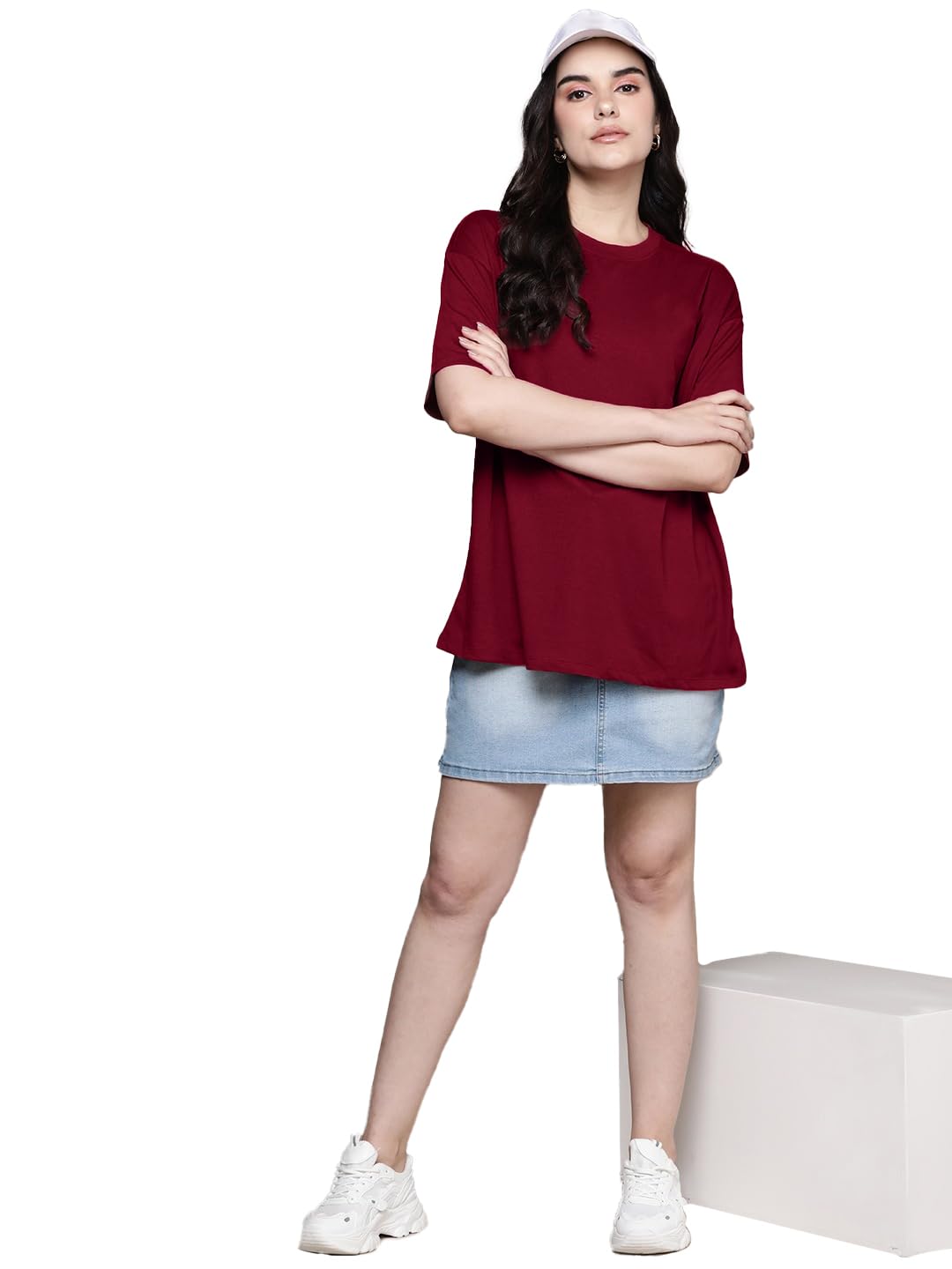 LEOTUDE Women's cotton Oversized Fit Oversized Half Sleeve Tshirt, Round Neck Longline Drop Shoulder Solid T-Shirt