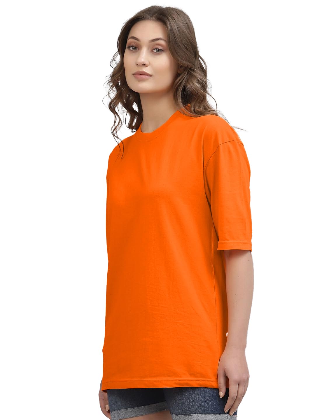 LEOTUDE Women's cotton Oversized Fit Oversized Half Sleeve Tshirt, Round Neck Longline Drop Shoulder Solid T-Shirt