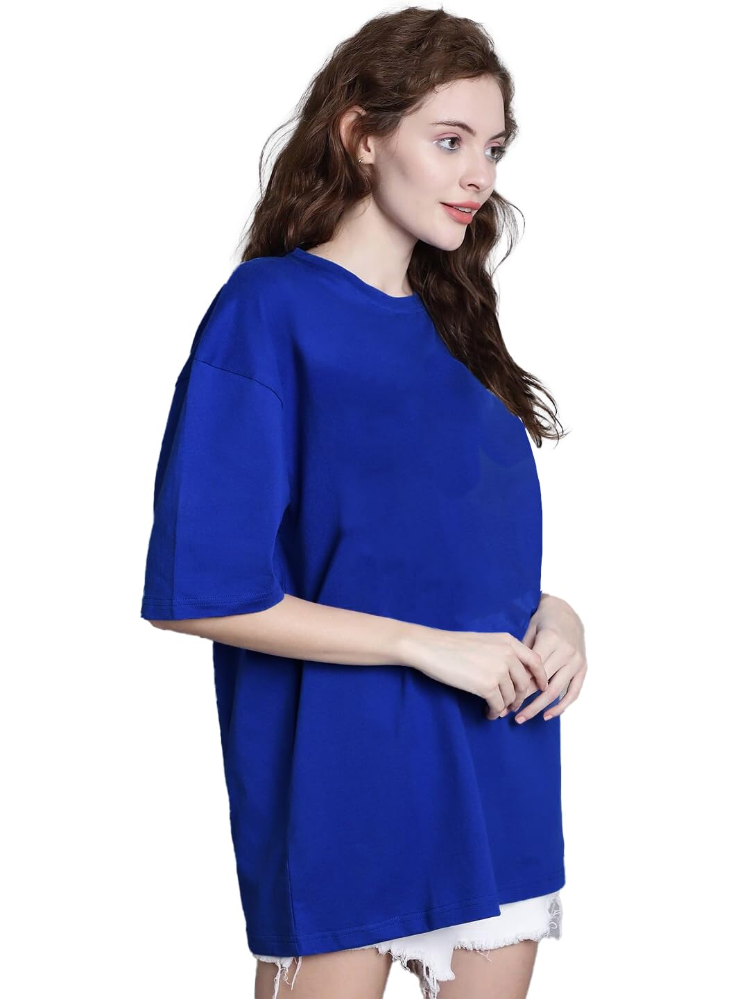 LEOTUDE Women's cotton Oversized Fit Oversized Half Sleeve Tshirt, Round Neck Longline Drop Shoulder Solid T-Shirt