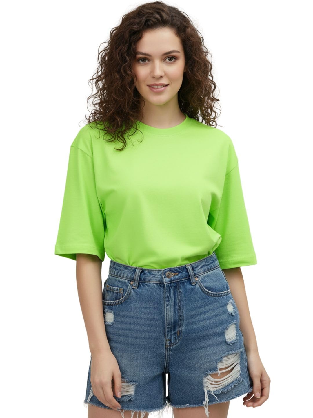 LEOTUDE Women's cotton Oversized Fit Oversized Half Sleeve Tshirt, Round Neck Longline Drop Shoulder Solid T-Shirt