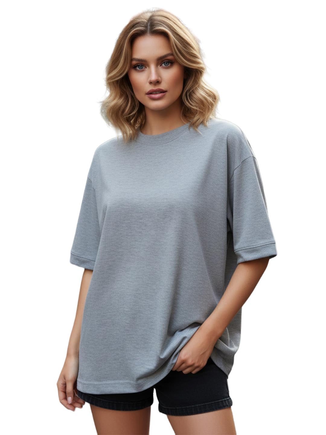 LEOTUDE Women's cotton Oversized Fit Oversized Half Sleeve Tshirt, Round Neck Longline Drop Shoulder Solid T-Shirt