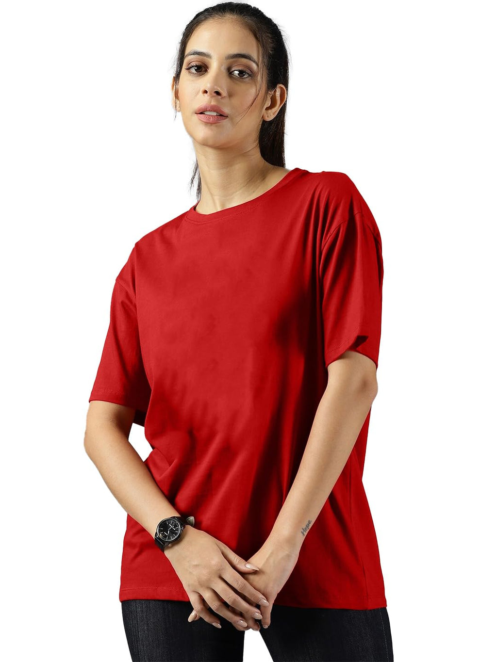 LEOTUDE Women's cotton Oversized Fit Oversized Half Sleeve Tshirt, Round Neck Longline Drop Shoulder Solid T-Shirt