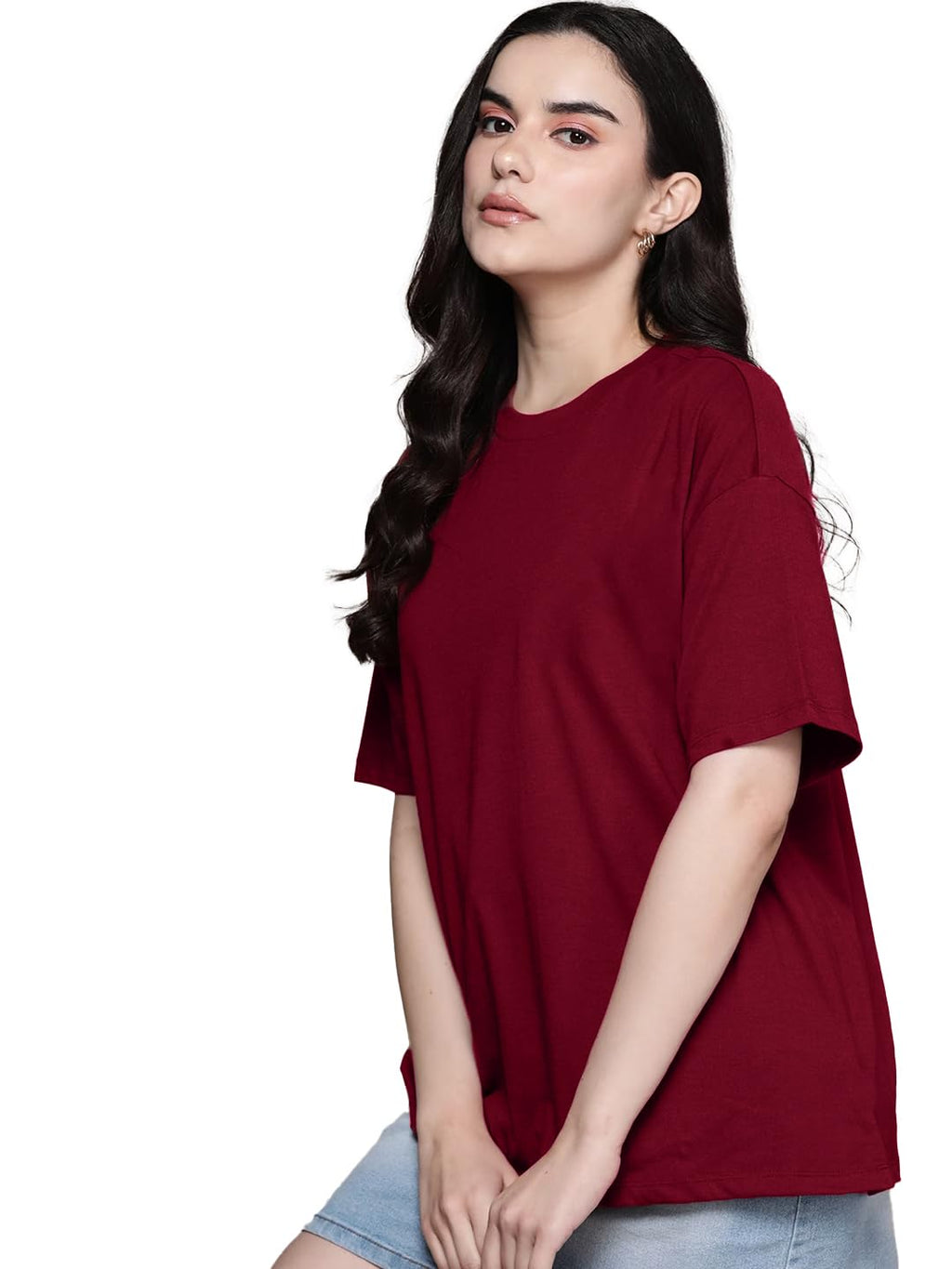 LEOTUDE Women's cotton Oversized Fit Oversized Half Sleeve Tshirt, Round Neck Longline Drop Shoulder Solid T-Shirt