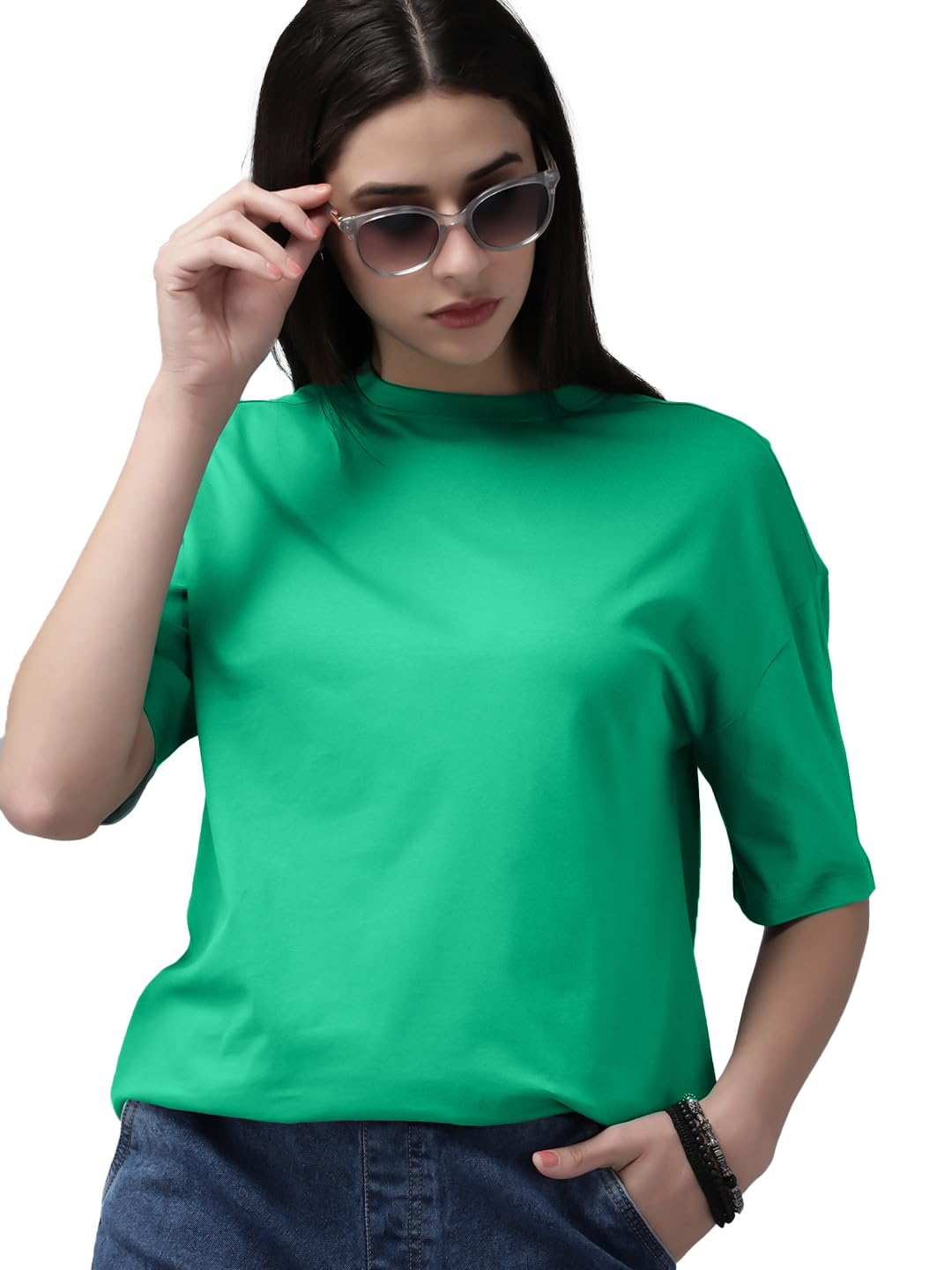 LEOTUDE Women's cotton Oversized Fit Oversized Half Sleeve Tshirt, Round Neck Longline Drop Shoulder Solid T-Shirt