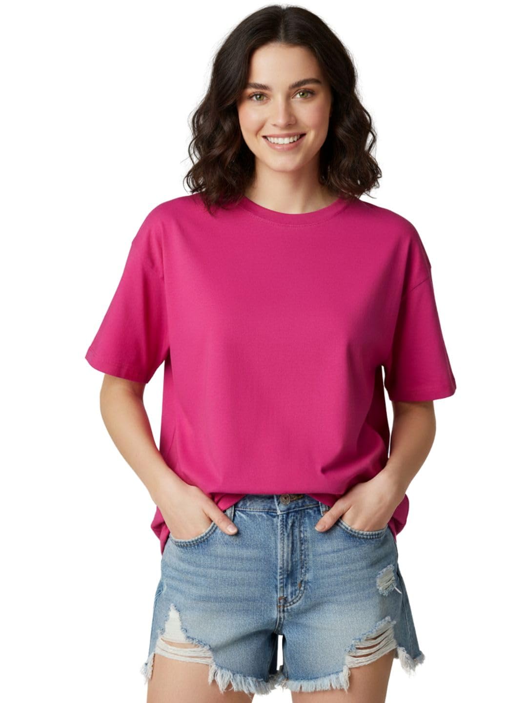 LEOTUDE Women's cotton Oversized Fit Oversized Half Sleeve Tshirt, Round Neck Longline Drop Shoulder Solid T-Shirt