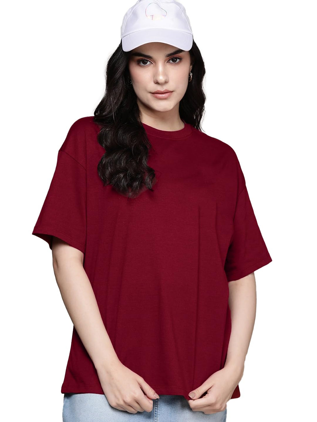 LEOTUDE Women's cotton Oversized Fit Oversized Half Sleeve Tshirt, Round Neck Longline Drop Shoulder Solid T-Shirt
