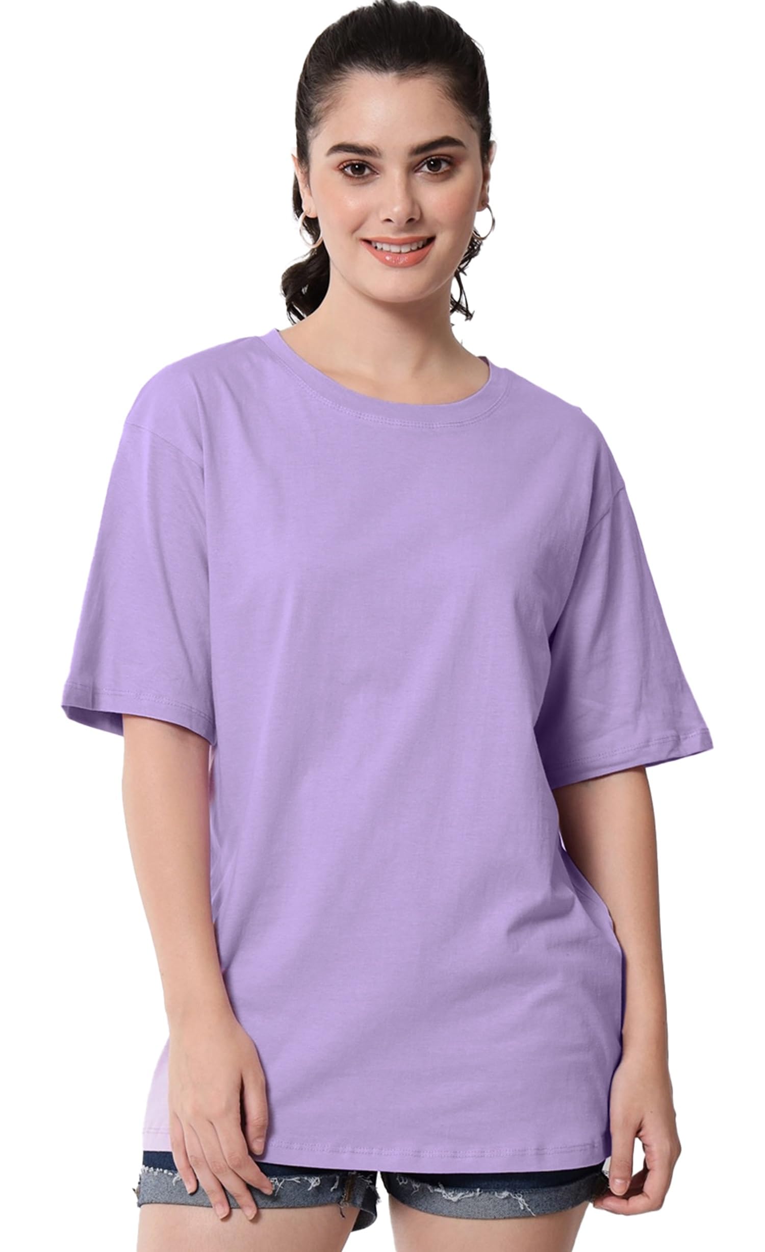 LEOTUDE Women's cotton Oversized Fit Oversized Half Sleeve Tshirt, Round Neck Longline Drop Shoulder Solid T-Shirt