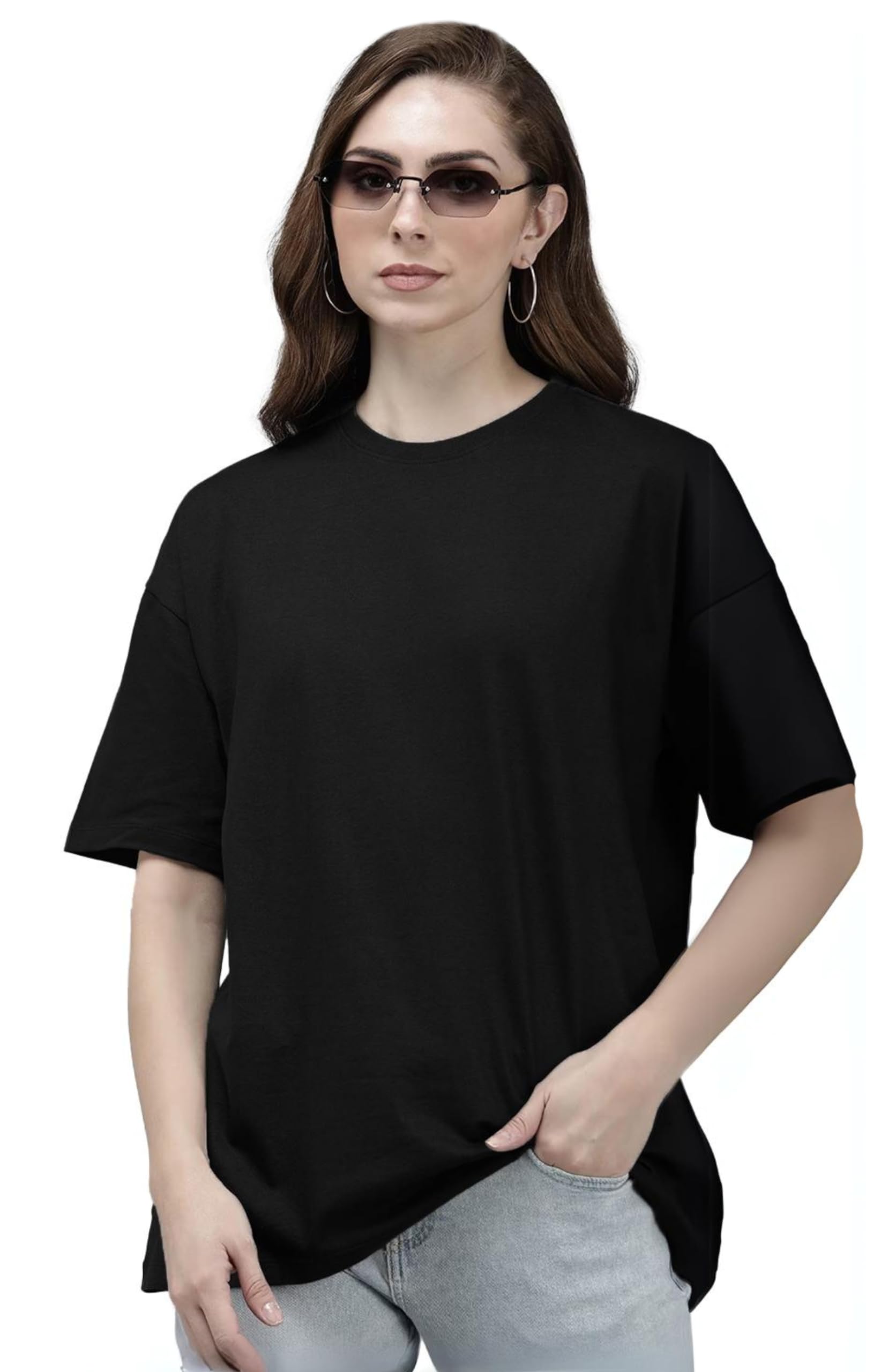 LEOTUDE Women's cotton Oversized Fit Oversized Half Sleeve Tshirt, Round Neck Longline Drop Shoulder Solid T-Shirt